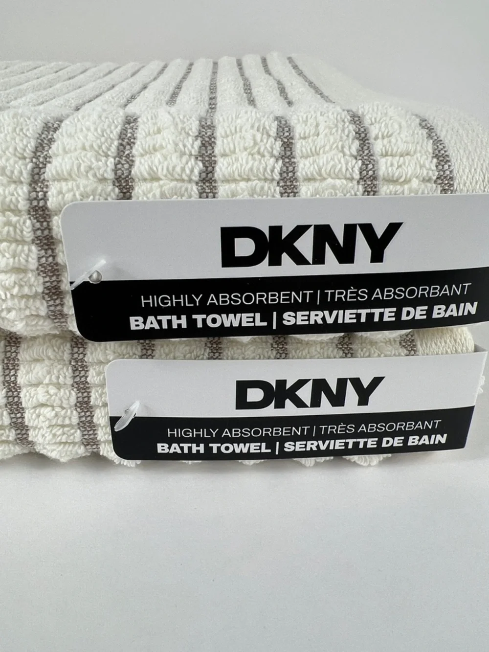 DKNY Ribbed Bath Towels in Ivory Tan Stripes Textured Soft Cotton Set of 2 NEW
